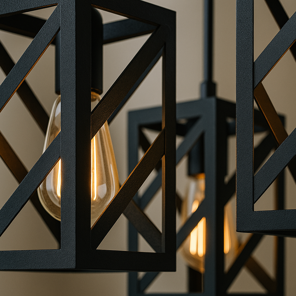 Decorative black metal light fixture with geometric design on a neutral background