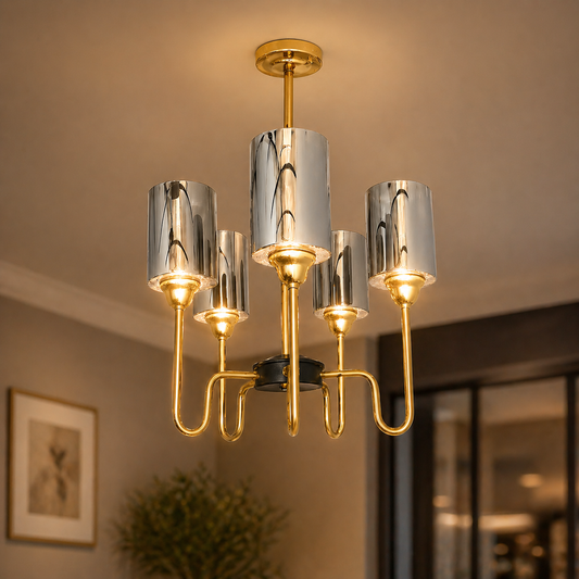 Chandelier with gold and silver design in a room setting
