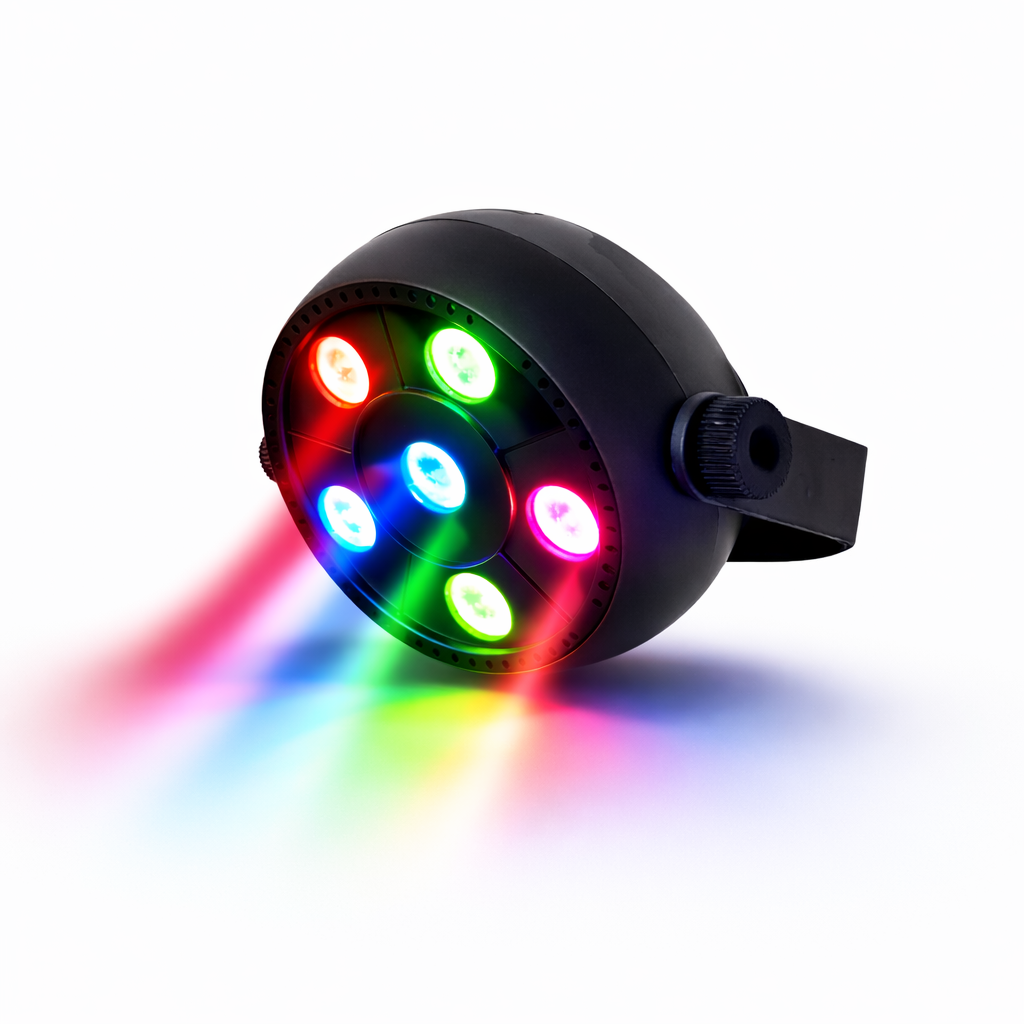 Black LED light projector with colorful beams on a white background