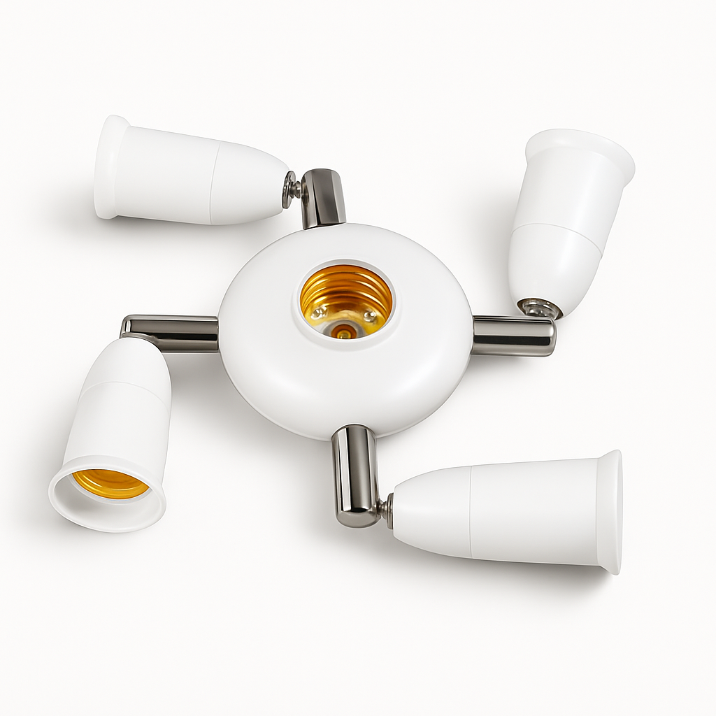 Modern ceiling light fixture with four white lampshades on a white background