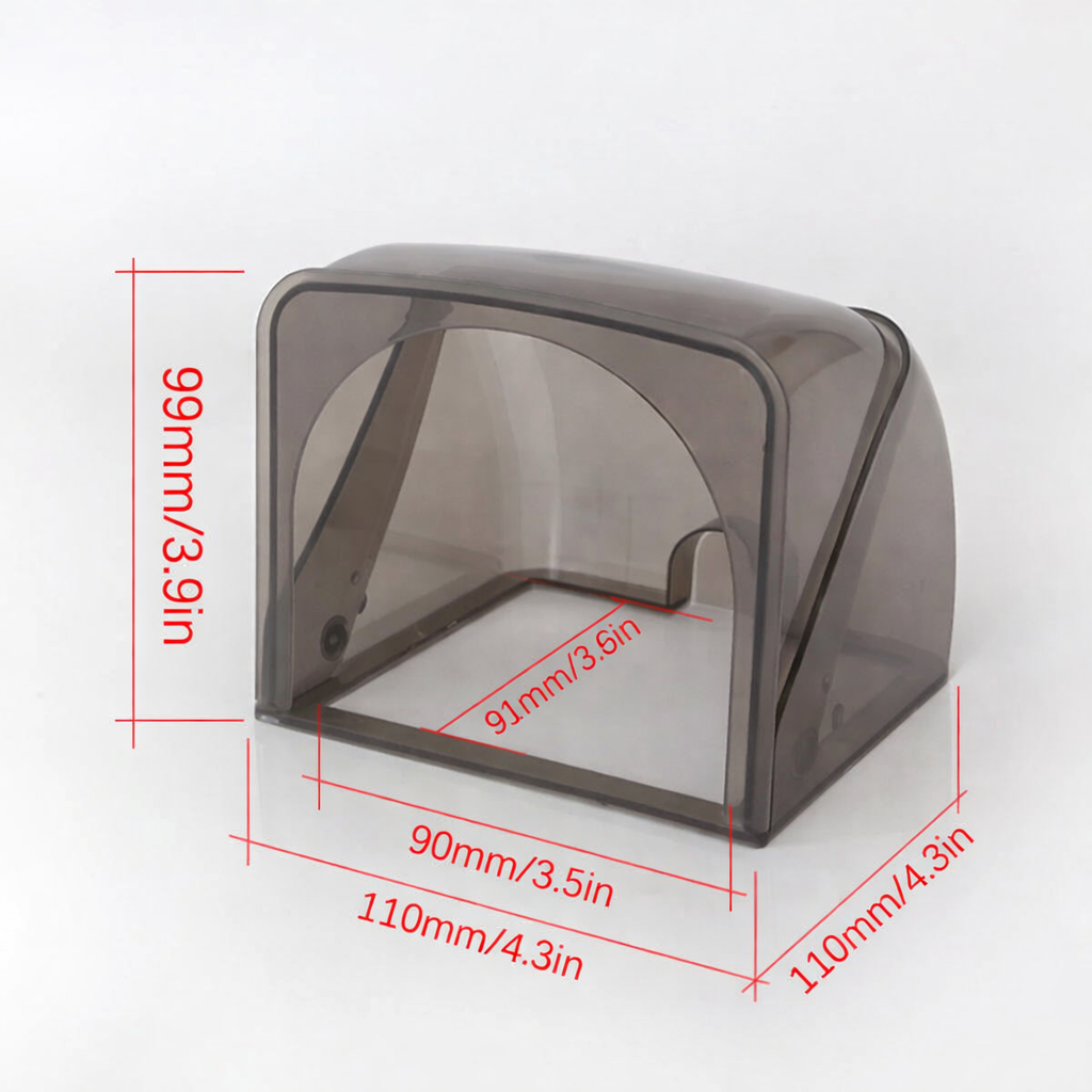 Transparent plastic cover with dimensions indicated on a white background