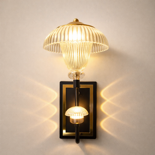 Modern gold LED wall sconce with ribbed glass shades