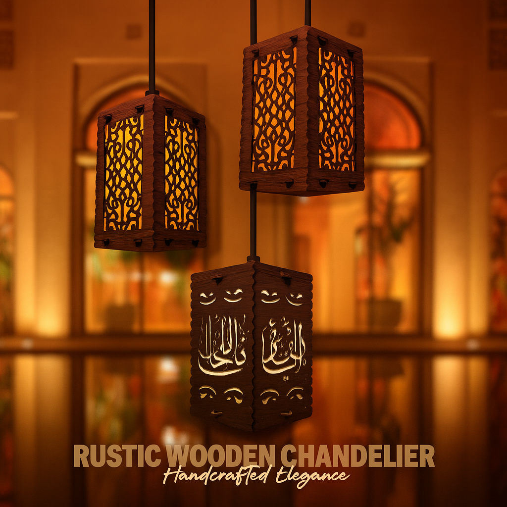 Rustic wooden chandelier with intricate designs and warm lighting in a blurred indoor setting.