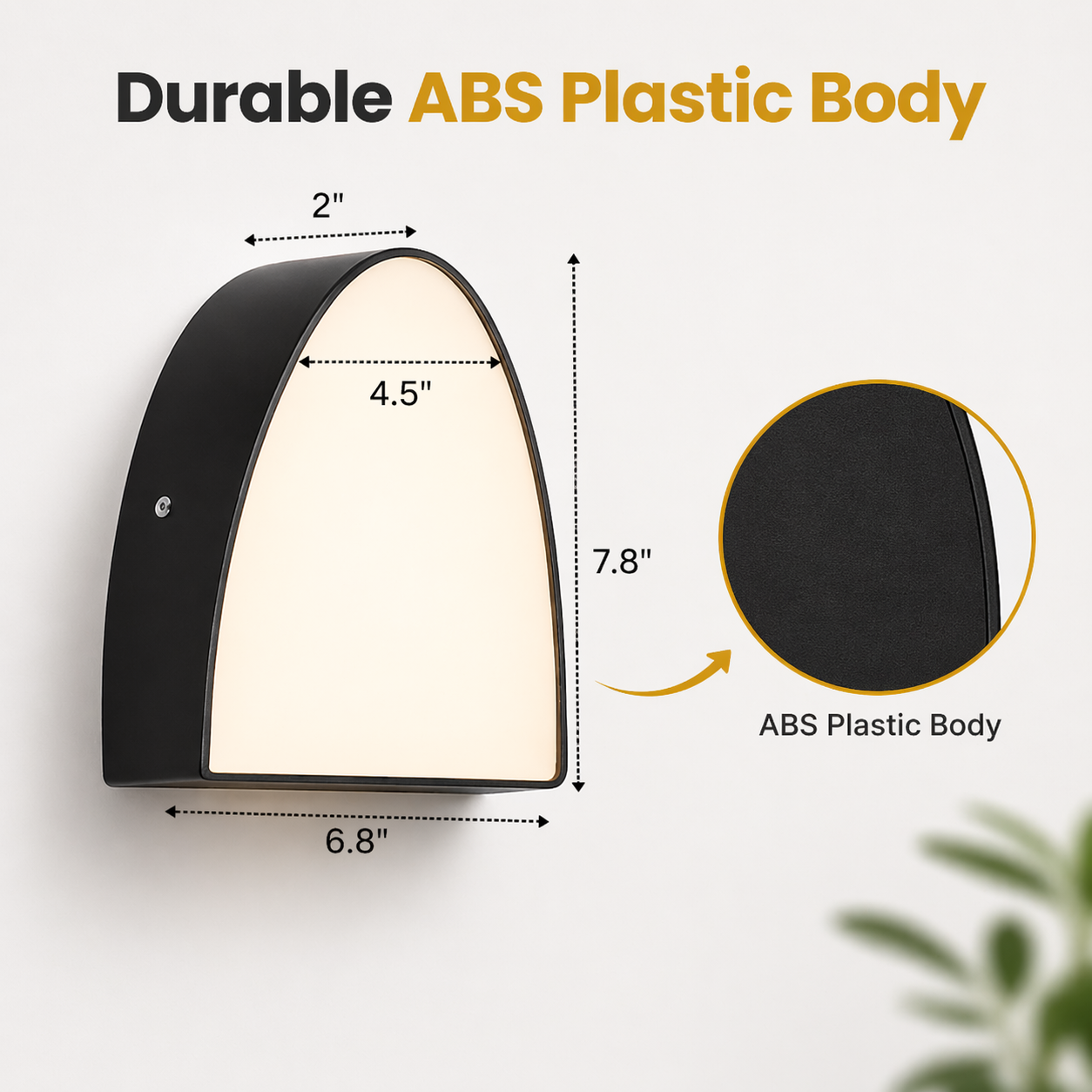 Wall-mounted light fixture with dimensions and 'Durable ABS Plastic Body' text on a white background.