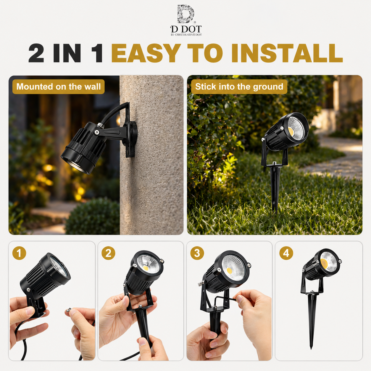 Outdoor lighting fixtures with installation instructions and D Dot brand logo.