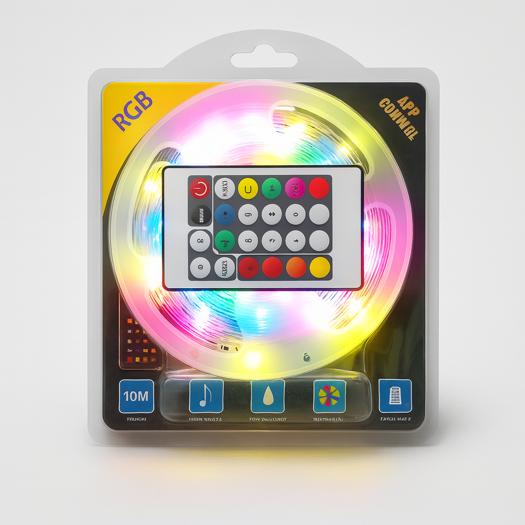 Packaged RGB LED strip with remote control on a white background
