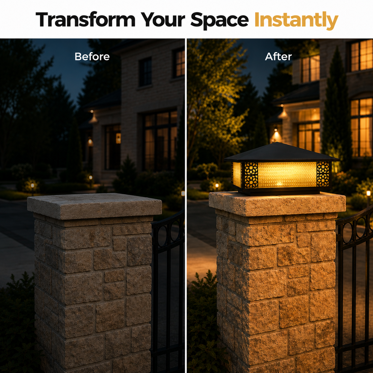 Before and after comparison of a stone pillar with a light fixture, showing improved visibility at night.