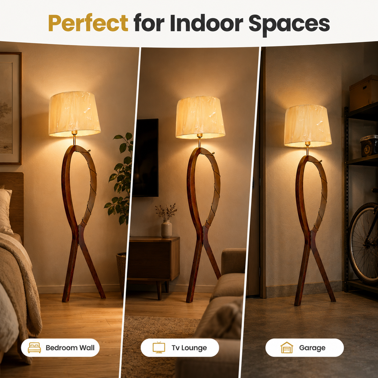 Floor lamp with decorative base shown in bedroom, TV lounge, and garage settings.