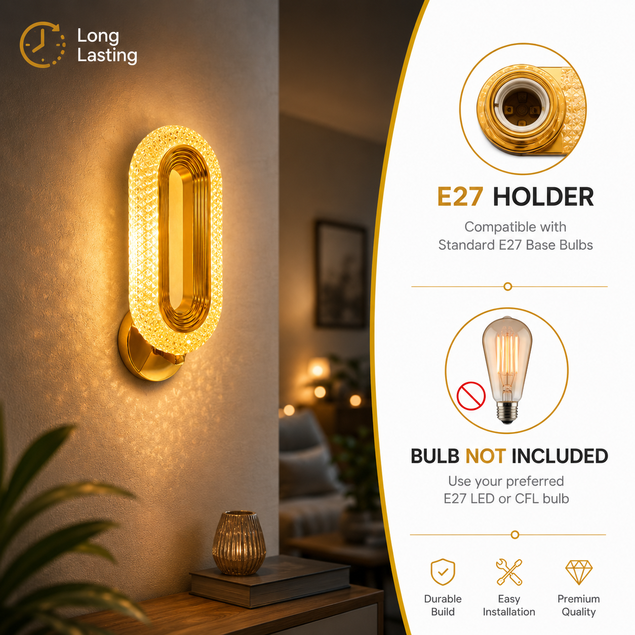 Gold Crystal LED Wall Light Metal Oval Design Luxury Glow