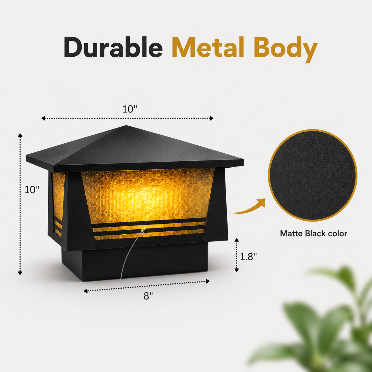 Black outdoor light fixture with dimensions and material details on a white background