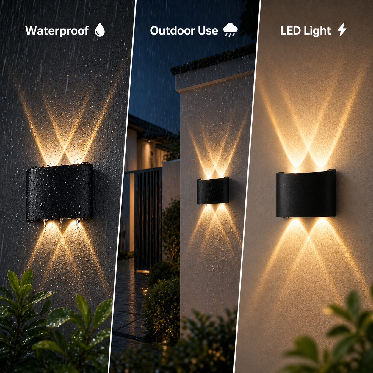 Outdoor wall light fixture with waterproof, outdoor use, and LED light features.