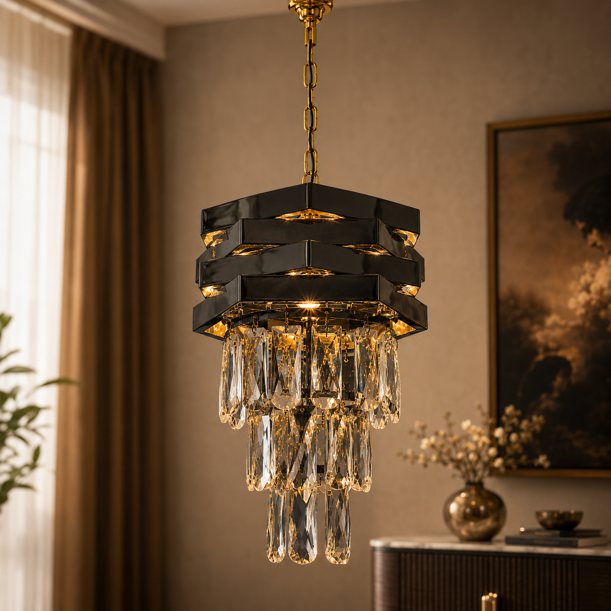 Decorative chandelier hanging in a room with a painting and plant.