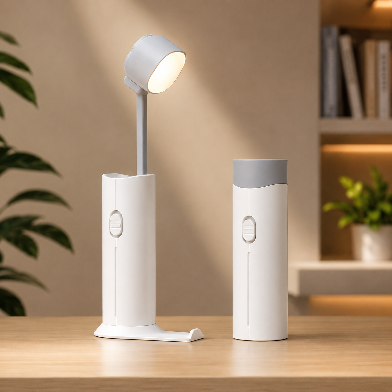 White desk lamp with adjustable head on a wooden surface, blurred indoor background