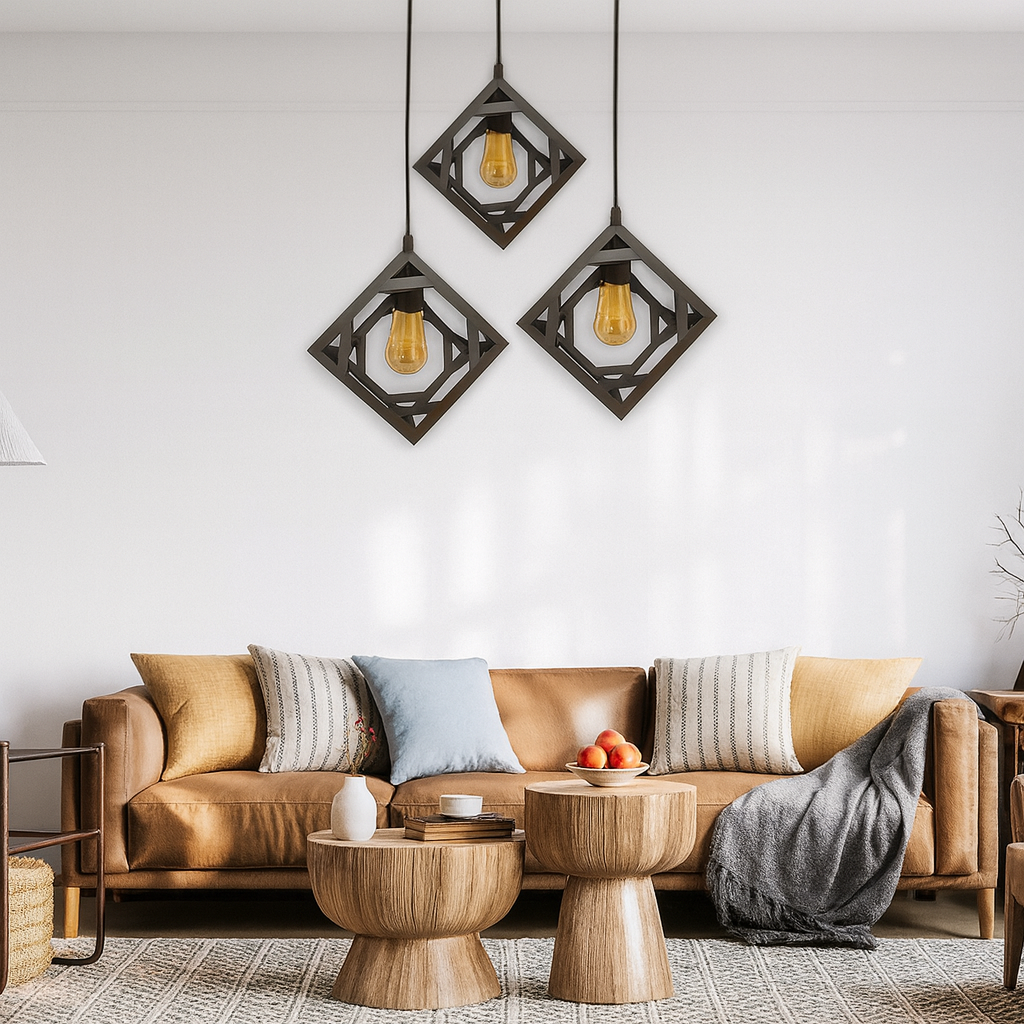 Modern geometric pendant lights illuminating a cozy living room interior”