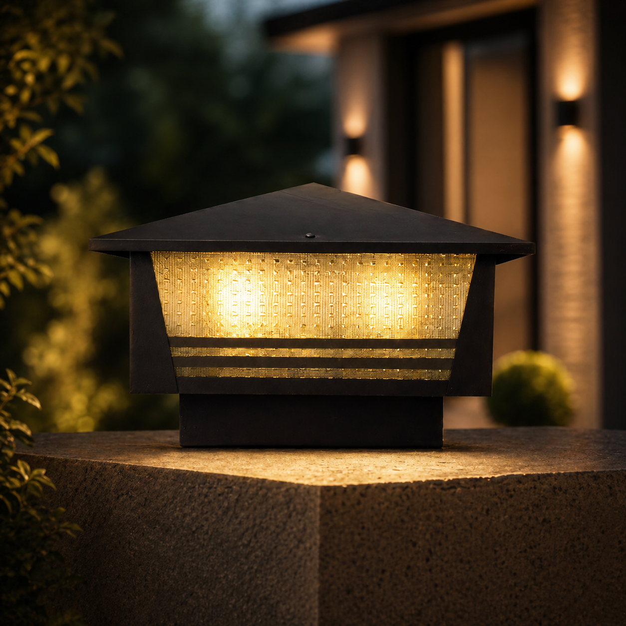 Outdoor garden light fixture on a stone surface with a blurred background