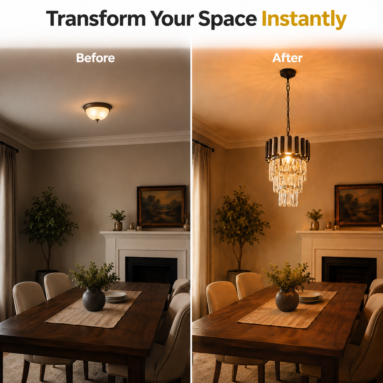 Before and after comparison of a dining room with a chandelier installation.