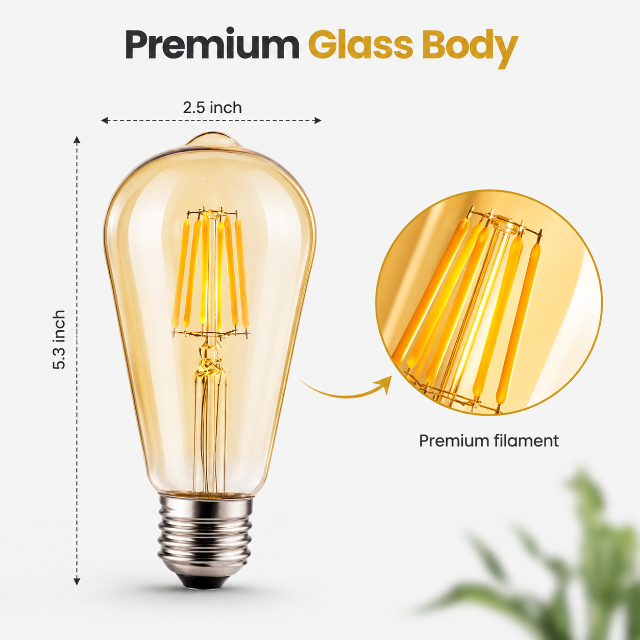 LED light bulb with dimensions and premium filament details on a white background