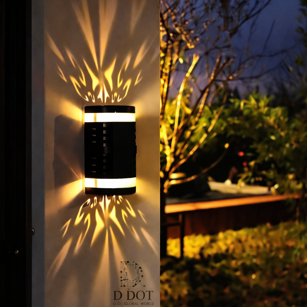 Automatic solar powered LED wall light glowing at night