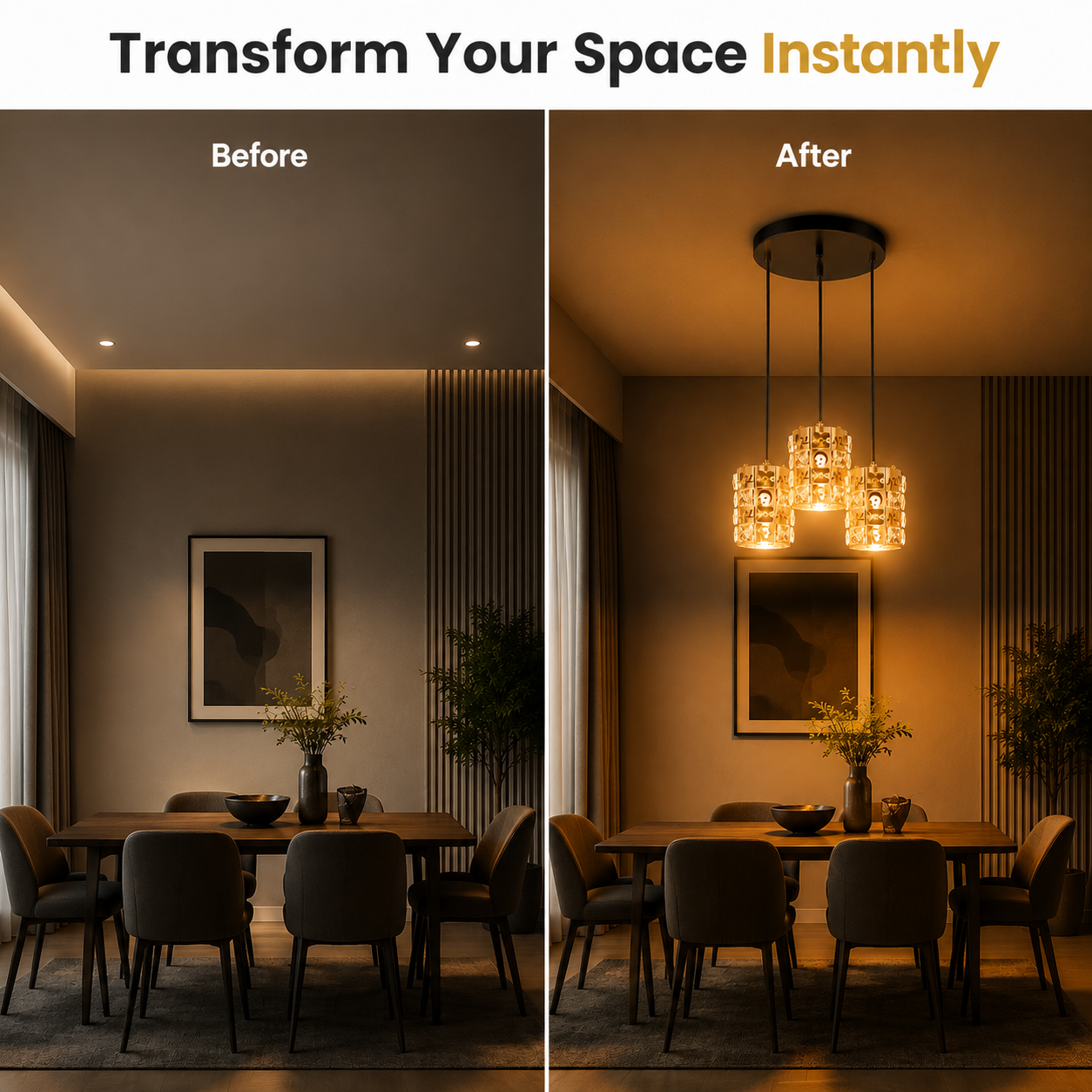 Dining room transformation before and after with added lighting.