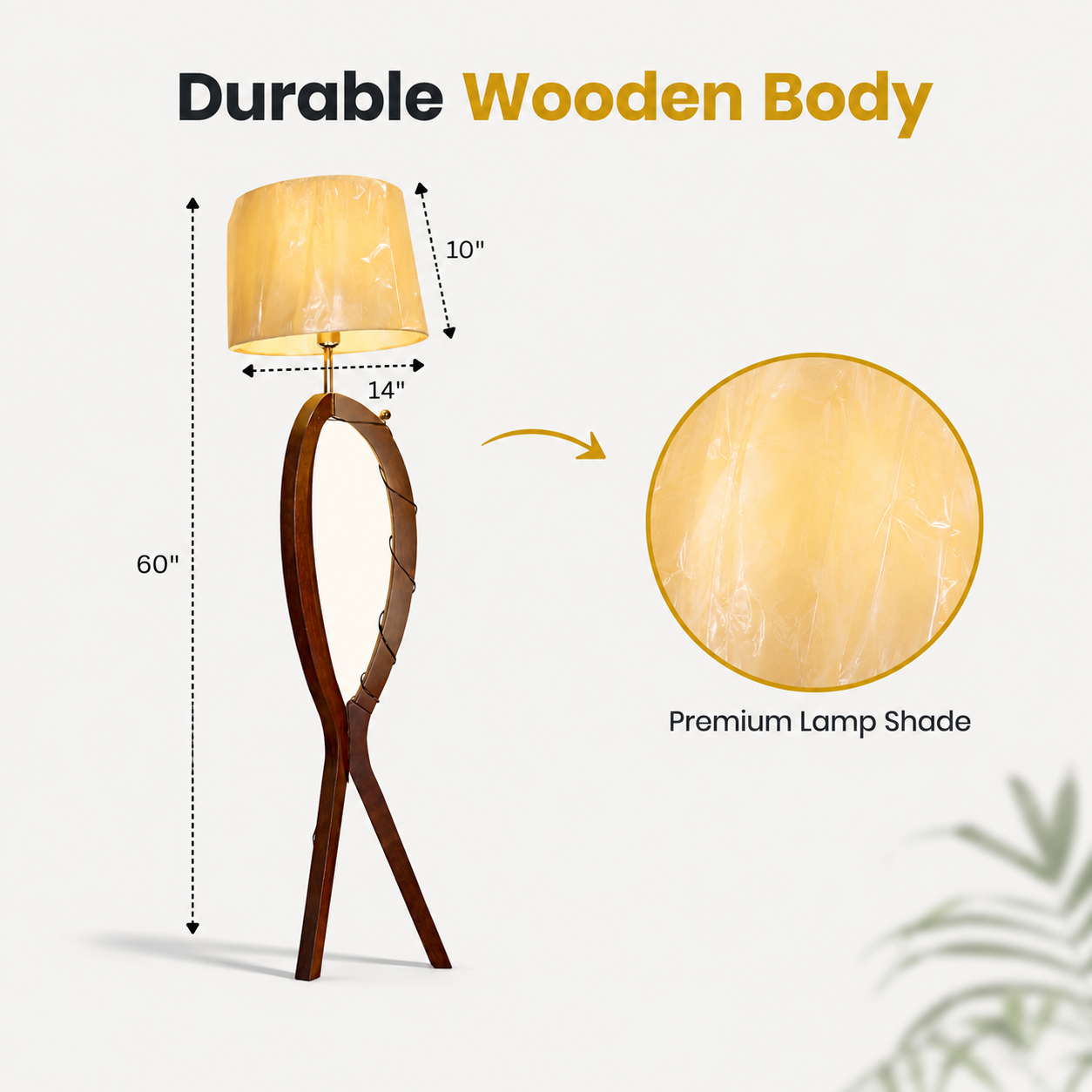 Wooden floor lamp with measurements and a close-up of the lampshade on a white background.