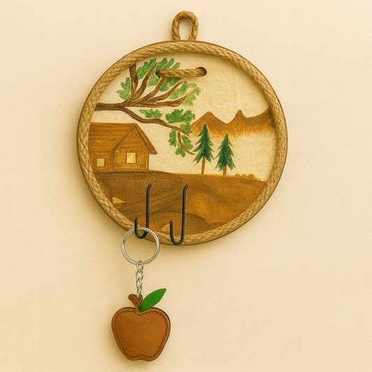 Wooden key holder with landscape design and apple-shaped keychain on a beige background