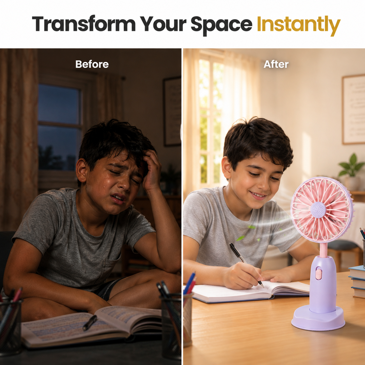 Before and after comparison of a child studying with and without a desk fan.