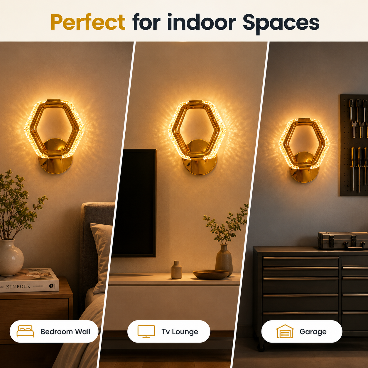 Hexagonal wall light fixture shown in various indoor settings with text 'Perfect for indoor Spaces'.
