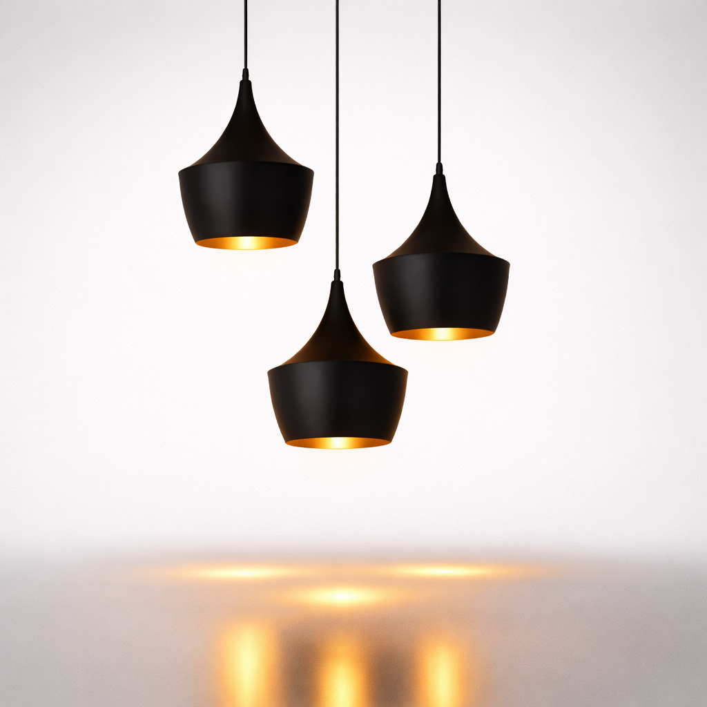 Modern black pendant light set with warm gold interior glow
