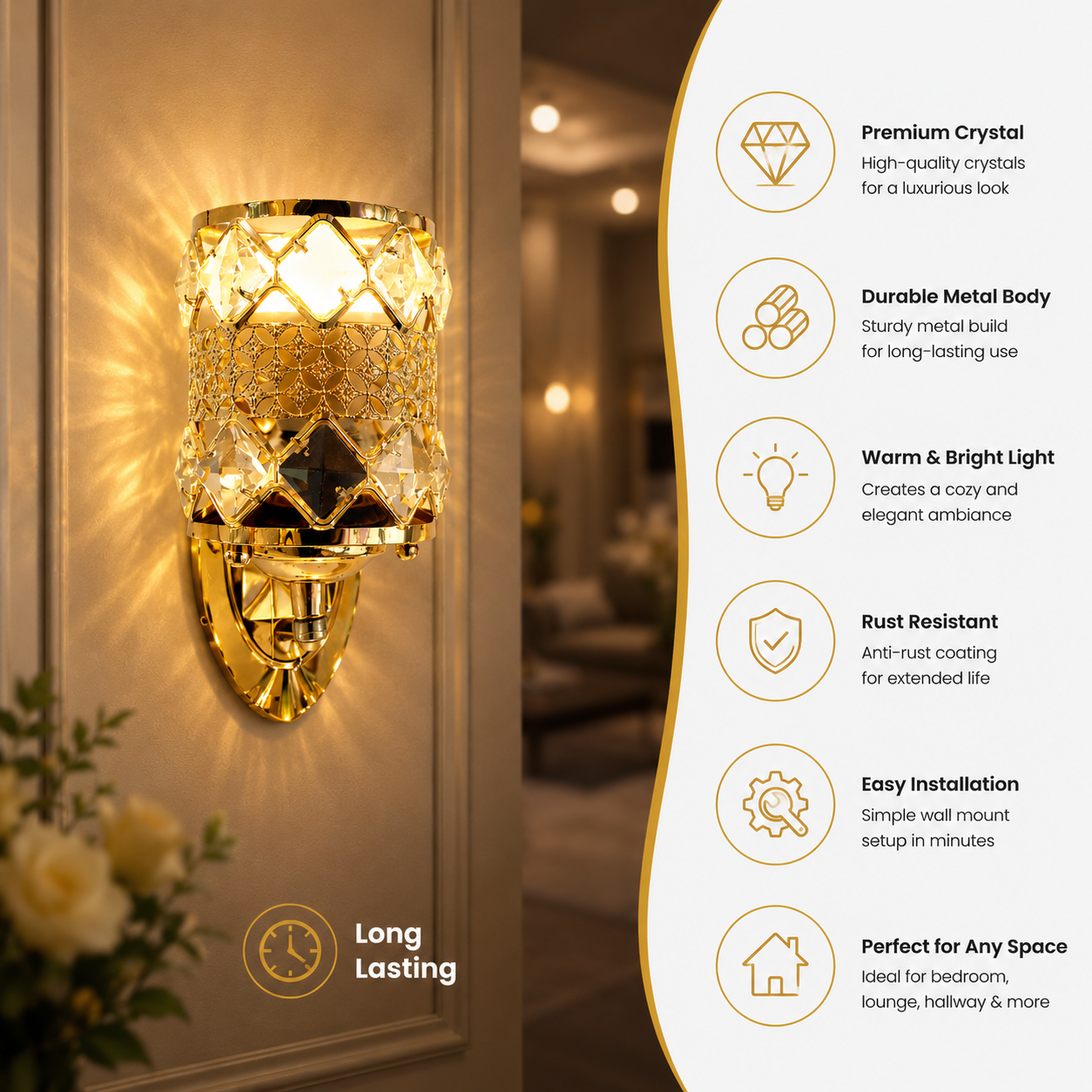 Gold wall sconce with decorative crystal design, featuring product features on the right.