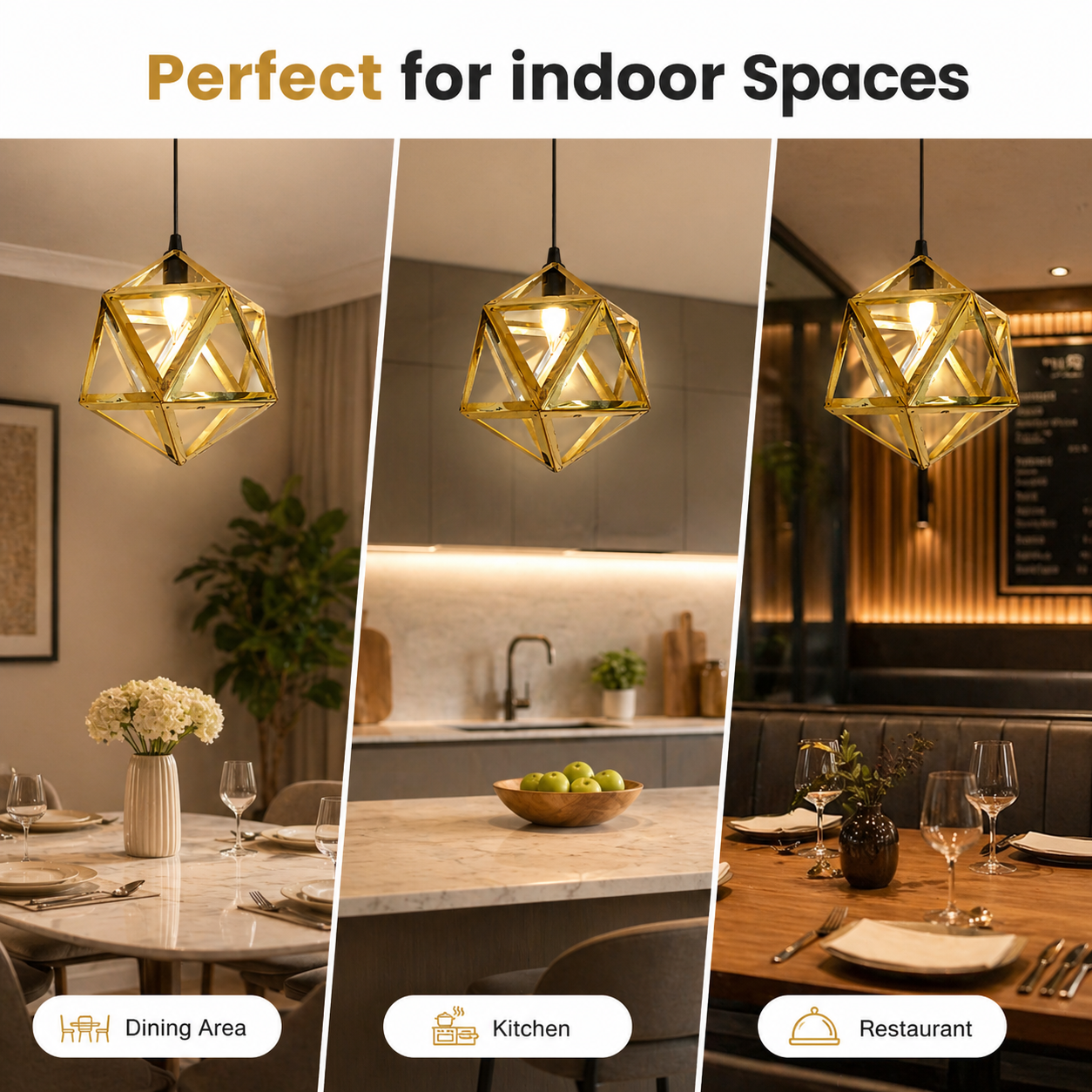 Gold geometric pendant light in various indoor settings including a dining area, kitchen, and restaurant.