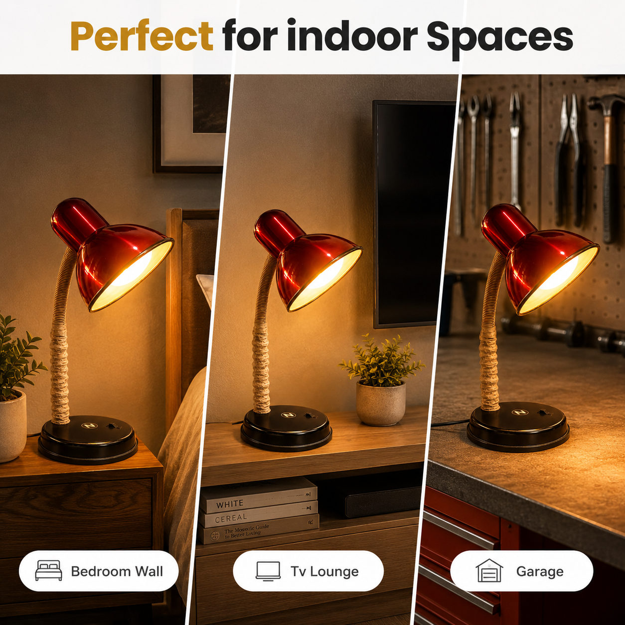 Red desk lamp shown in various indoor settings with text 'Perfect for indoor Spaces'.