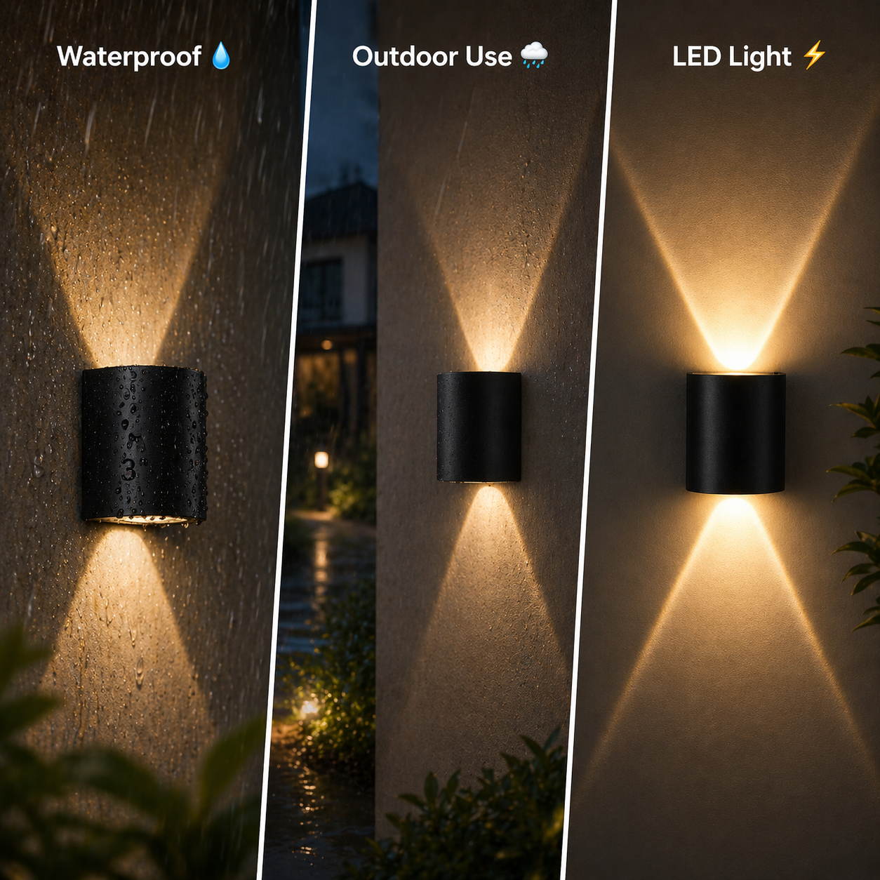Outdoor wall light fixture with waterproof, outdoor use, and LED light features.
