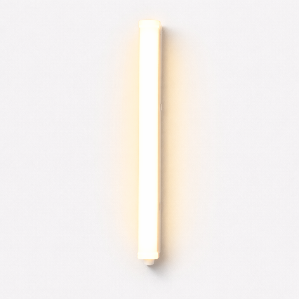 Linear LED wall light with warm golden glow indoors