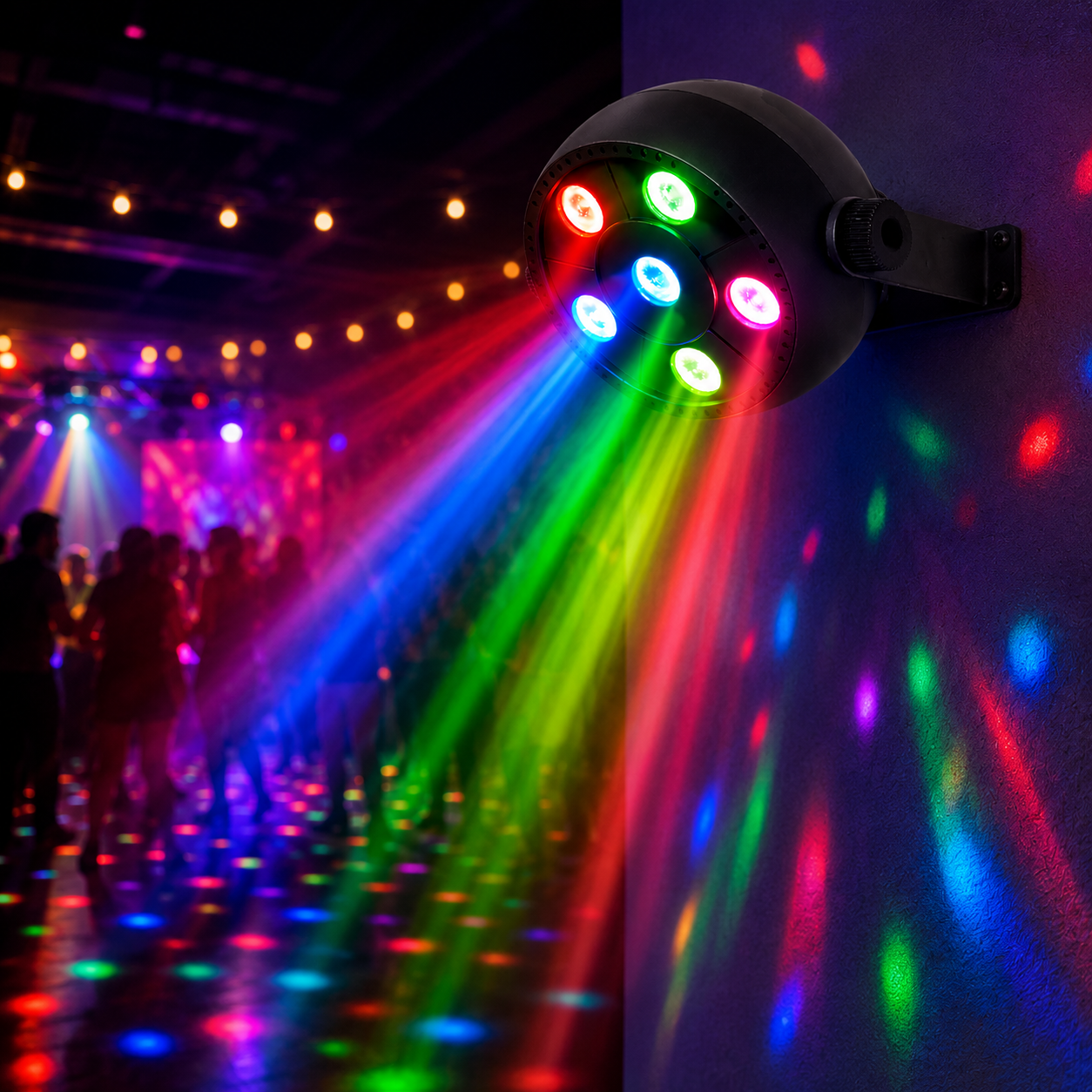 Colorful disco light projector emitting multicolored beams in a dark room with silhouettes of people.