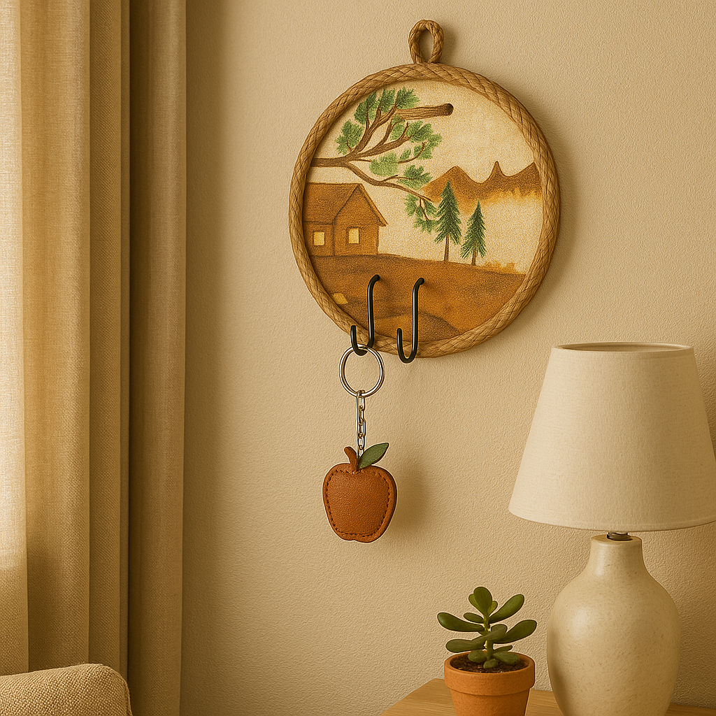 Decorative wall hook with nature-themed design in a cozy room.