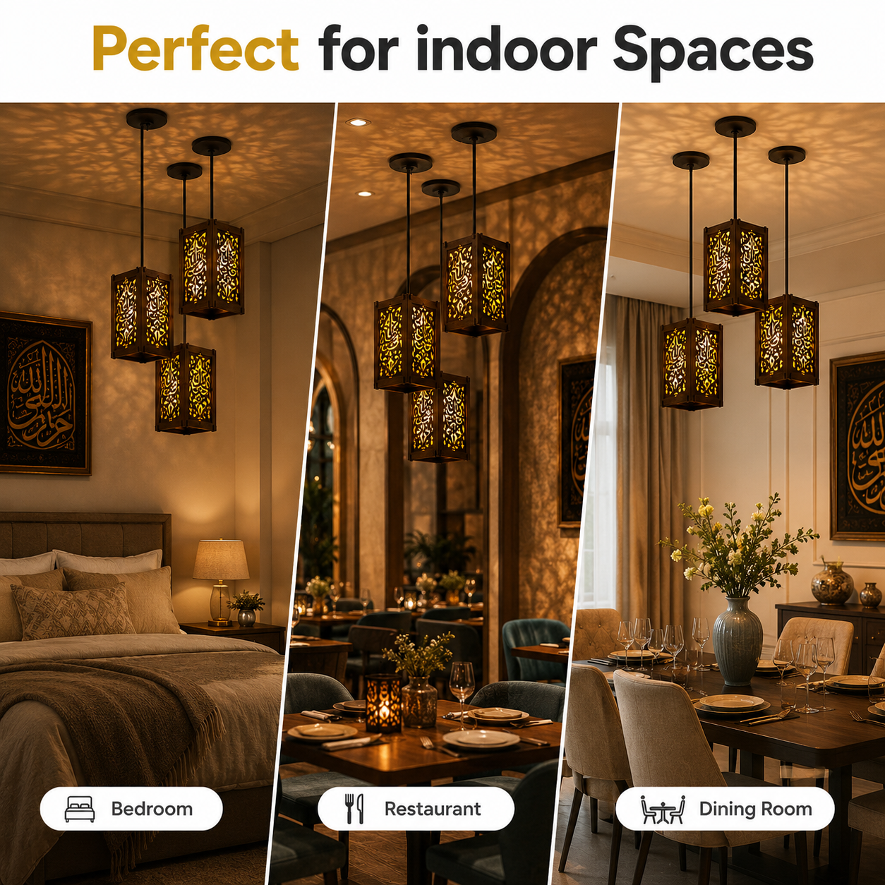 Decorative Arabic hanging lantern lights with warm ambient ceiling reflections