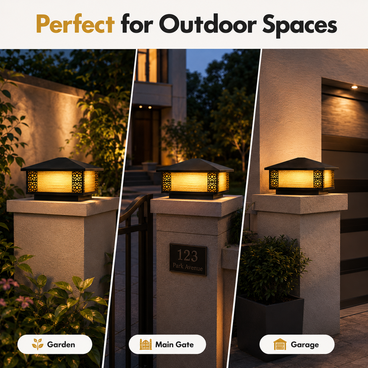 Outdoor lighting fixtures on pillars with text 'Perfect for Outdoor Spaces' and labels for Garden, Main Gate, and Garage.