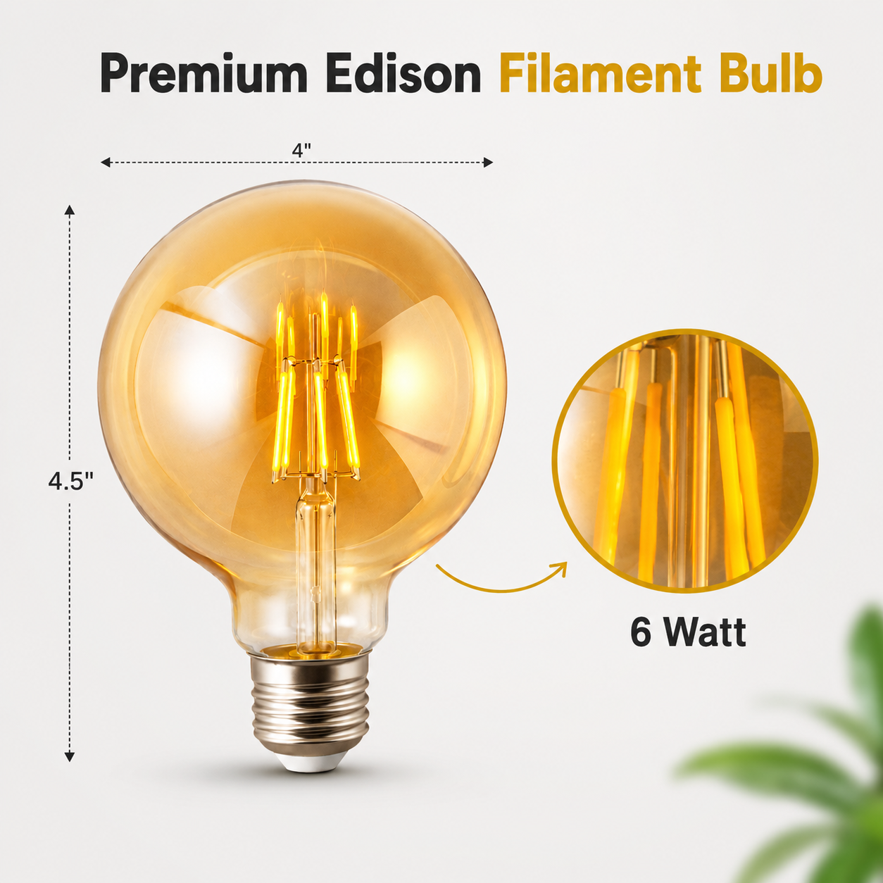 Premium Edison Filament Bulb with dimensions and wattage information on a white background