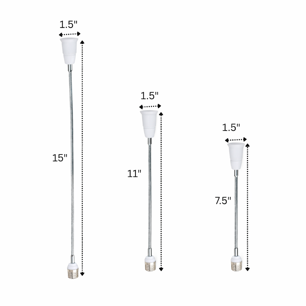 Three adjustable lamp stands with measurements on a white background