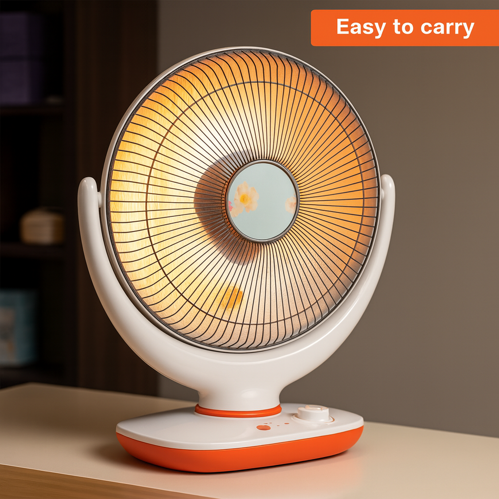 Small fan with orange and white design on a neutral background
