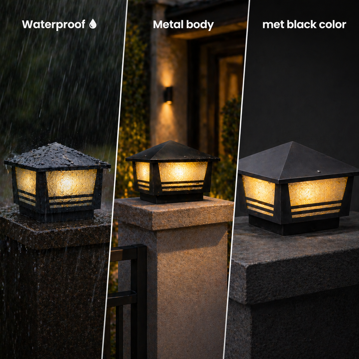 Outdoor light fixture with waterproof, metal body, and met black color features.