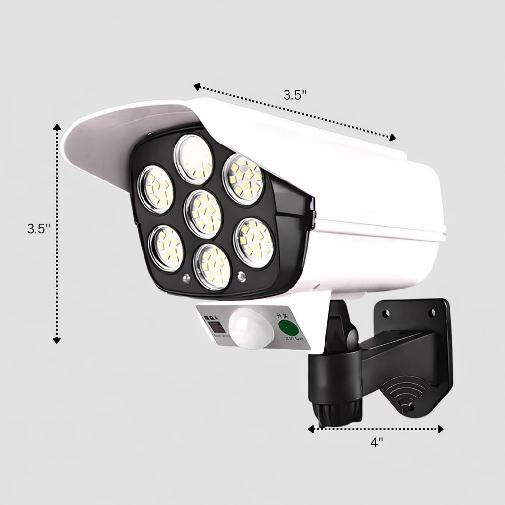 Security camera with LED lights and dimensions indicated on a gray background