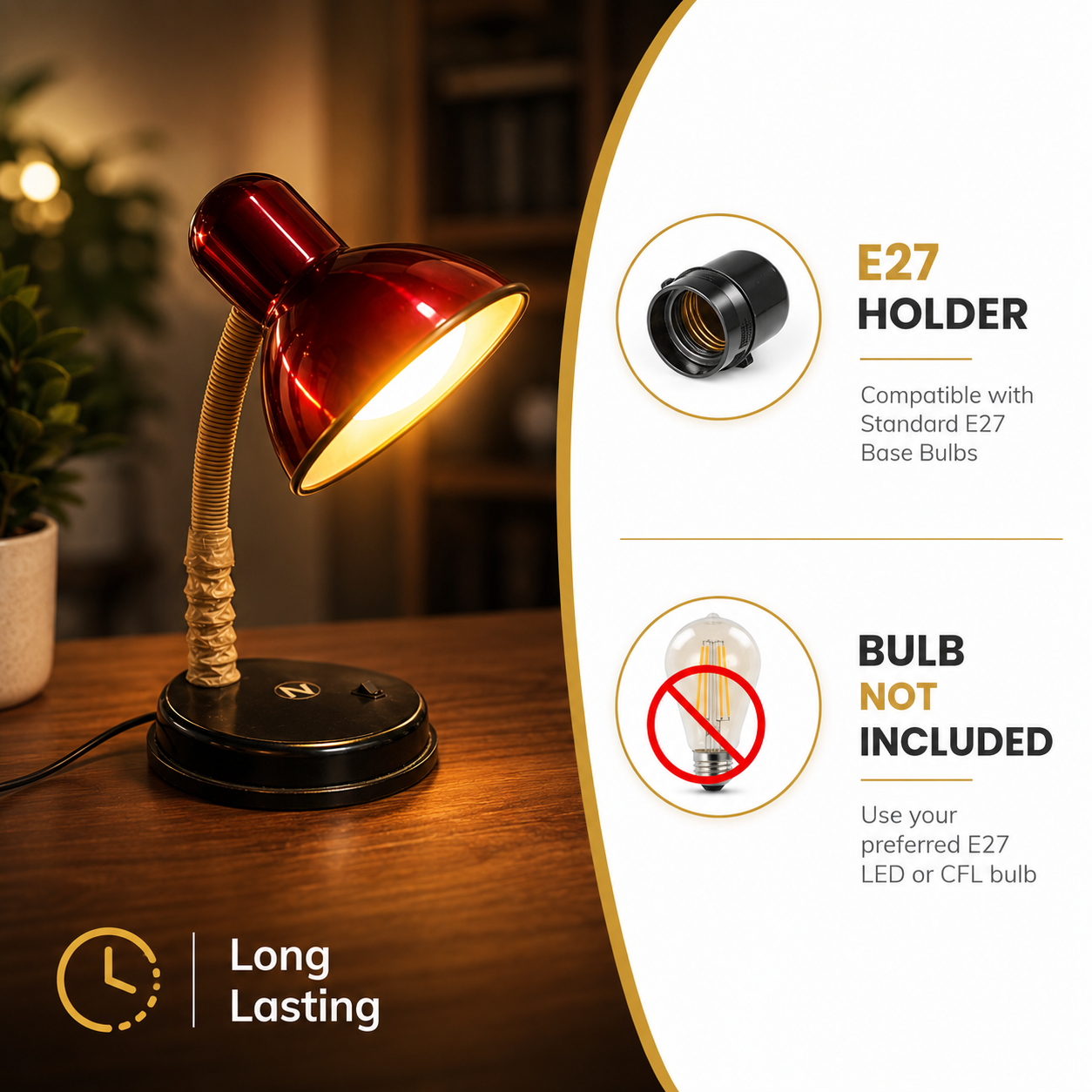 Desk lamp with red shade on a wooden surface, accompanied by product details on a white background.