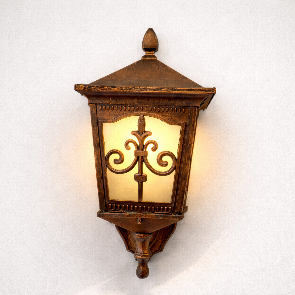 Brown outdoor wall lantern with classic metal and warm glow