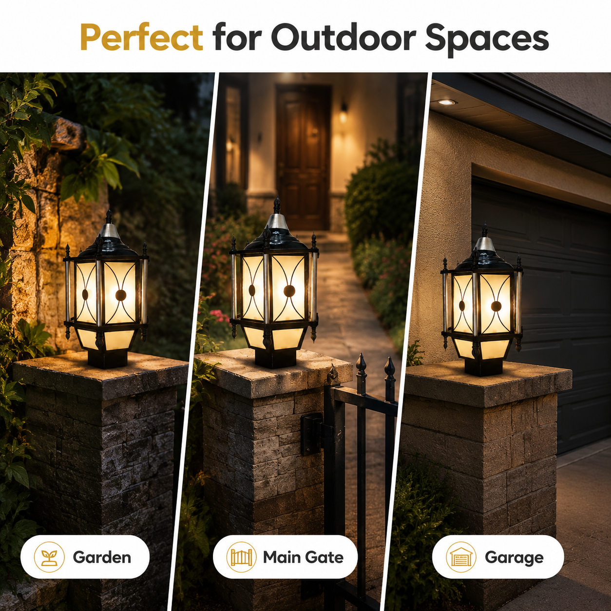 Decorative outdoor lamp shown in garden, main gate, and garage settings with text 'Perfect for Outdoor Spaces'.