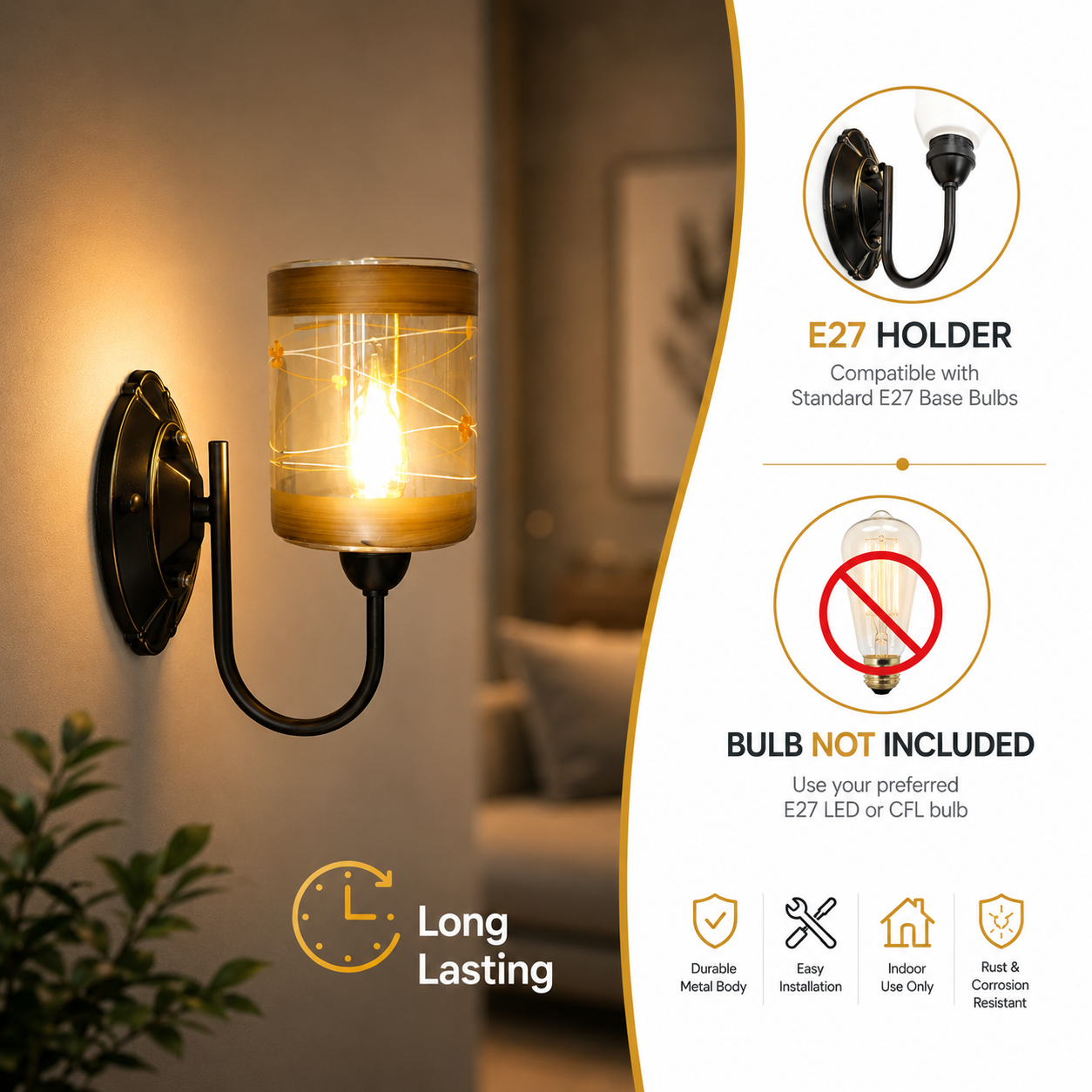 Modern Glass Wall Sconce Metal Arm Indoor Warm Light