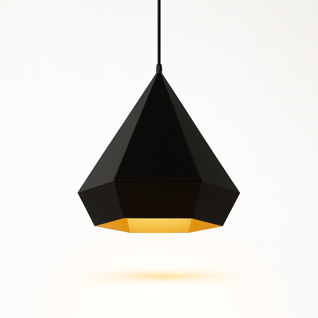 Black geometric pendant light with a gold interior on a white background