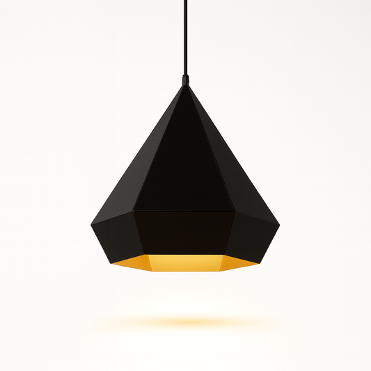 Black geometric pendant light with a gold interior on a white background