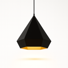 Black geometric pendant light with a gold interior on a white background