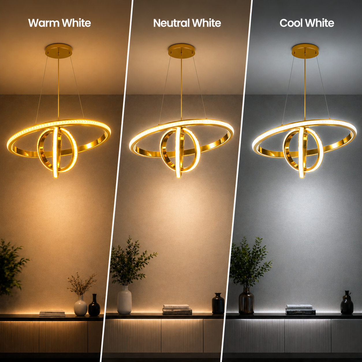 Three lighting conditions shown with a pendant light fixture: Warm White, Neutral White, and Cool White.